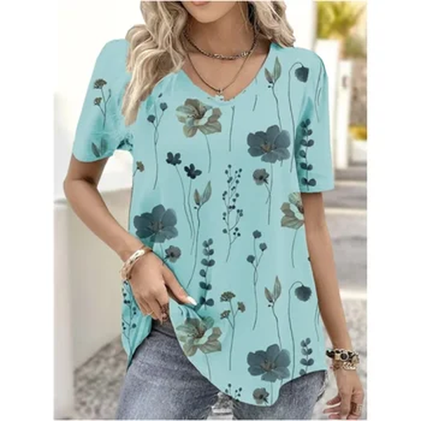 Camiseta kawaii com decote em v feminina, roupa feminina, camiseta grande, estampa de flores 3D, tops brancos, moda, verão, 2022