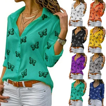 Camisa feminina com estampa borboleta frente aberta, camiseta solta com botão de lapela, blusas femininas elegantes casuais, roupas novas da moda