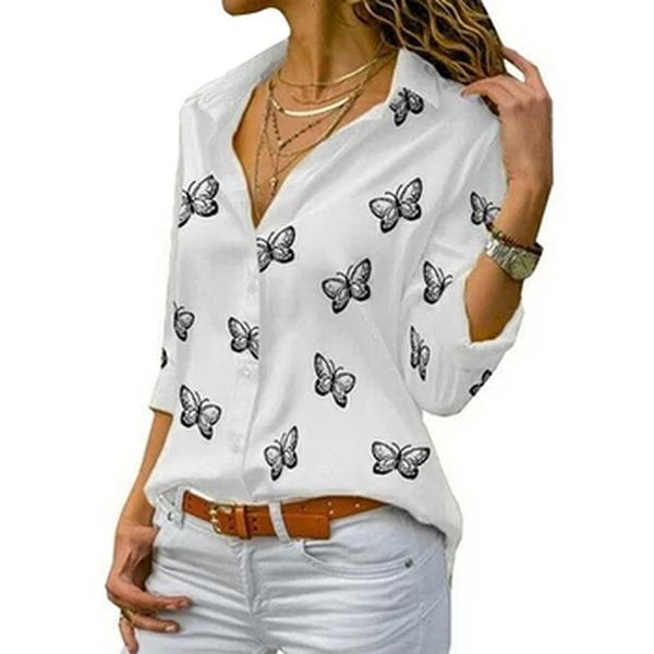 Camisa feminina com estampa borboleta frente aberta, camiseta solta com botão de lapela, blusas femininas elegantes casuais, roupas novas da moda