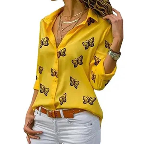 Camisa feminina com estampa borboleta frente aberta, camiseta solta com botão de lapela, blusas femininas elegantes casuais, roupas novas da moda