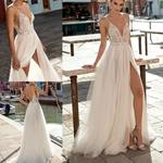 Boho Side Slit Backless Bohemian Wedding Dress, Ilusão Sexy, A-Line Pearls, Spaghetti Strap, Praia, 2023