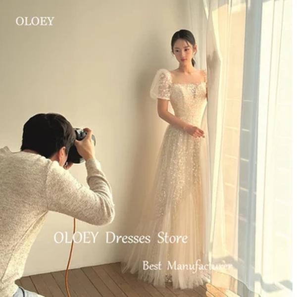 OLOEY-Fada Vintage A Linha Vestidos De Casamento De Renda De Tule, Vestidos De Noiva Coreanos, Mangas Curtas, Pescoço Sheer, Até O Chão, Espartilho Voltar