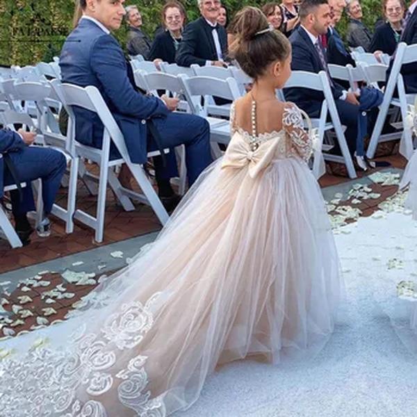 Vestido infantil de flor de tule, botões arcos, vestido de baile da primeira comunhão, festa de casamento, dama de honra, crianças 3-9 anos