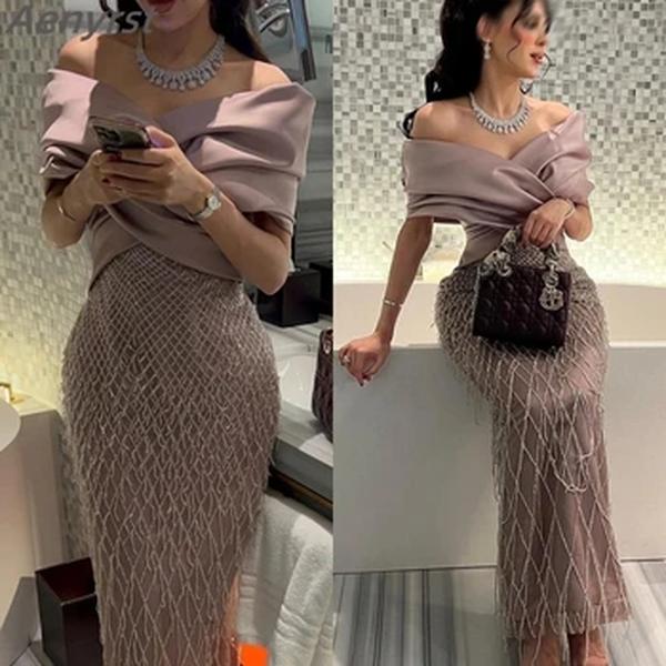 Elegantes vestidos de noite sem ombro para mulheres, vestido requintado, vestidos de casamento glitter, borla luxuosa, vestidos de festa formais árabes, Dubai