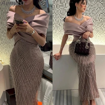 Elegantes vestidos de noite sem ombro para mulheres, vestido requintado, vestidos de casamento glitter, borla luxuosa, vestidos de festa formais árabes, Dubai