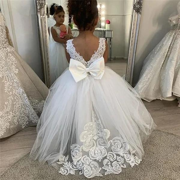 Vestidos de dama de honra com grande arco para meninas, Vestidos Flower Girl, Vestido sem mangas, Festa de casamento, Concurso, Primeira Comunhão, Branco