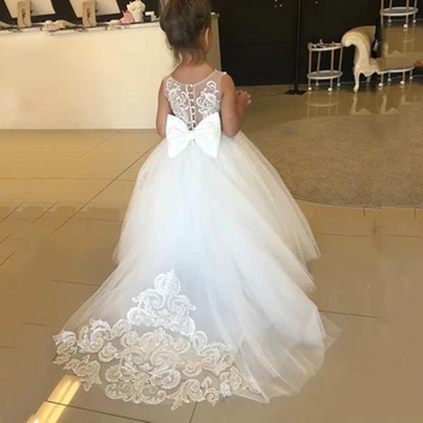 Vestidos de dama de honra com grande arco para meninas, Vestidos Flower Girl, Vestido sem mangas, Festa de casamento, Concurso, Primeira Comunhão, Branco