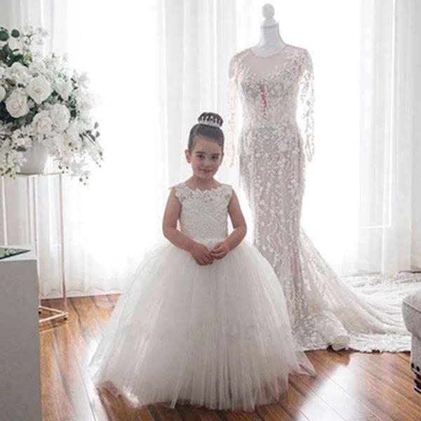 Vestidos de dama de honra com grande arco para meninas, Vestidos Flower Girl, Vestido sem mangas, Festa de casamento, Concurso, Primeira Comunhão, Branco