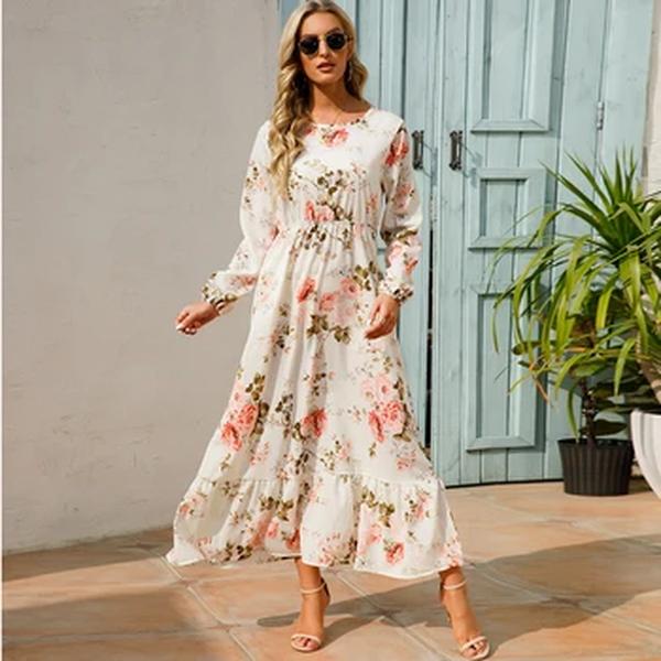 Vestido maxi floral boêmio feminino, manga comprida, cintura alta, vestidos de praia de chiffon, casual, primavera, verão, novo, 2023