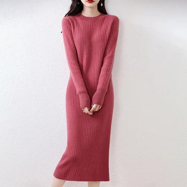 Vestido de cashmere com o pescoço feminino, lã 100% pura, manga comprida, malha padrão, inverno, venda quente, 2023