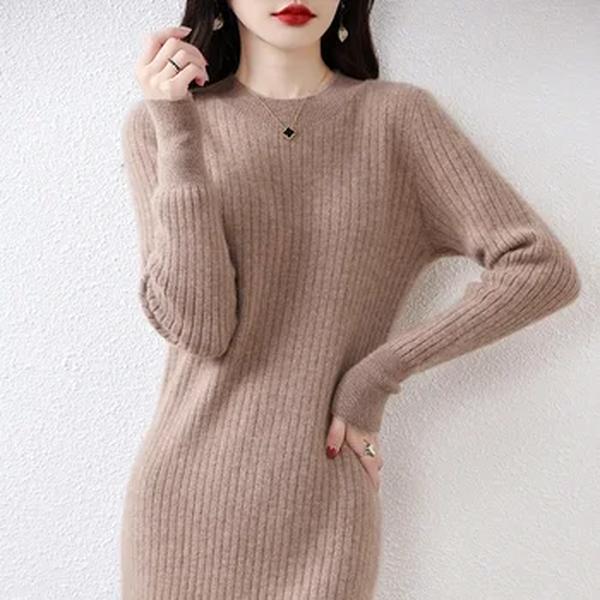 Vestido de cashmere com o pescoço feminino, lã 100% pura, manga comprida, malha padrão, inverno, venda quente, 2023