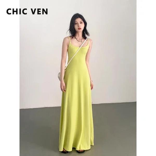 Ven chique-vestido feminino sem mangas com alça em U, slim fit, pulôver longo, vestidos femininos macios, sólido, novo, verão, 2021