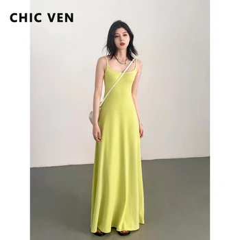 Ven chique-vestido feminino sem mangas com alça em U, slim fit, pulôver longo, vestidos femininos macios, sólido, novo, verão, 2021