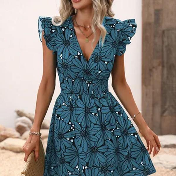 Vestido feminino chique com estampa floral A, saia com decote em v, vestidos elegantes para férias, verão