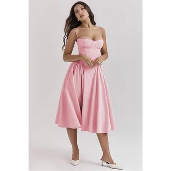 Vestido Midi sem Encosto sem Mangas Feminino com Suspensor, Vestidos Linha A, Monocromático, Bainha Grande, Magro, Festa Noturna, Elegante, Verão, Novo