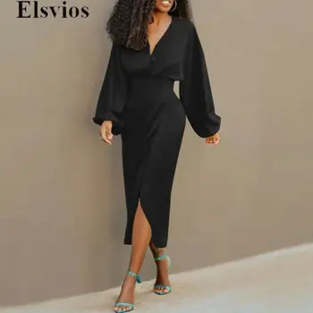 Vestido Bodycon com decote em v feminino, manga lanterna, cintura, monocromático, vestido de festa, casual, fenda, Mid Cardigan, clube, moda de escritório, 2021