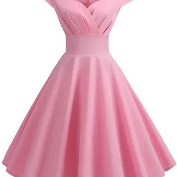 Robe Vintage com decote em V feminino, Vestido rosa de verão, Elegante Retro Pin Up Dress, Vestidos Midi para escritório de festa