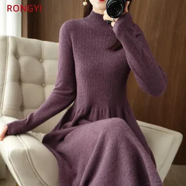 Rongyi elegante moda vestidos de caxemira camisola de malha vestido longo 1o0% merino lã feminina gola alta saia escritório outono inverno