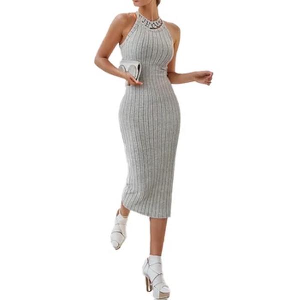 Vestido Midi, monocromático com decote na cabeça feminino, colete de temperamento high-end, cintura alta fina, verão, novo