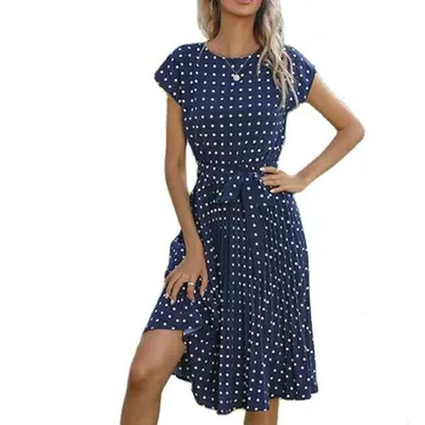 Verão Vestidos Para Mulheres Cintura Alta Midi Elegante Plissado Polka Dots Office Lady Dinner Party Vacation Dress Feminino Vestuário Robe