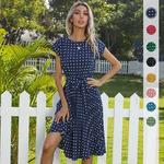 Verão Vestidos Para Mulheres Cintura Alta Midi Elegante Plissado Polka Dots Office Lady Dinner Party Vacation Dress Feminino Vestuário Robe