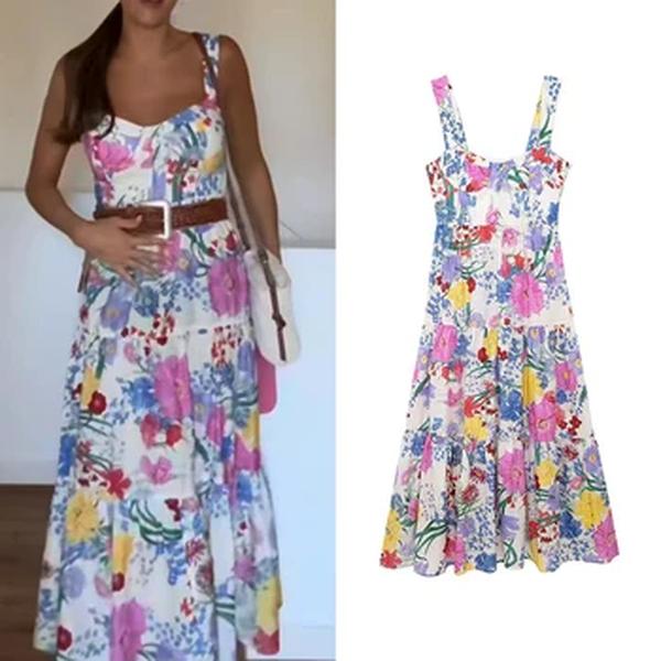 Traf-vestido de verão feminino com alça de espaguete, estampa de flores, midi-long, praia, férias, moda, novo, 2024