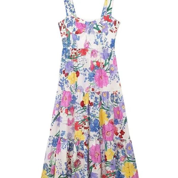 Traf-vestido de verão feminino com alça de espaguete, estampa de flores, midi-long, praia, férias, moda, novo, 2024