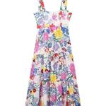 Traf-vestido de verão feminino com alça de espaguete, estampa de flores, midi-long, praia, férias, moda, novo, 2024