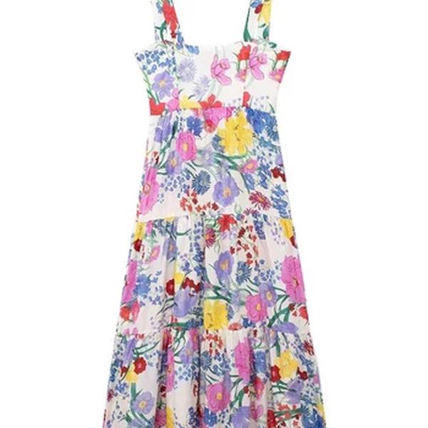 Traf-vestido de verão feminino com alça de espaguete, estampa de flores, midi-long, praia, férias, moda, novo, 2024