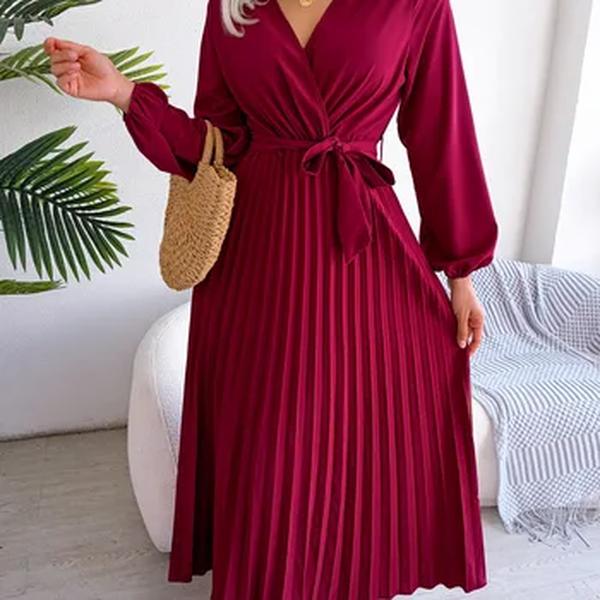 Elegante V Neck manga comprida das mulheres plissado vestido Maxi