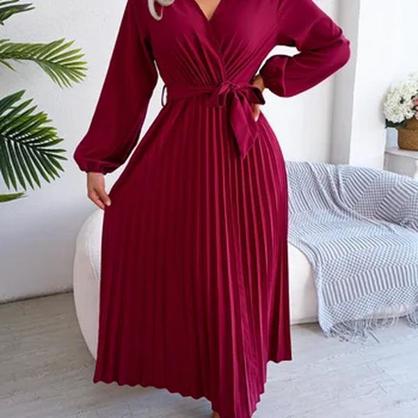 Elegante V Neck manga comprida das mulheres plissado vestido Maxi