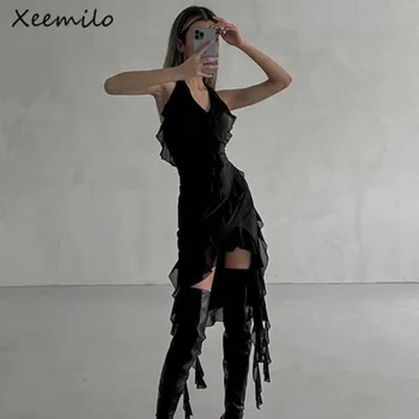 Xeemilo-Vestido de fada feminino, decote em v profundo, vestidos Midi irregulares, roupas sexy de verão, festa na praia, estética, 2023