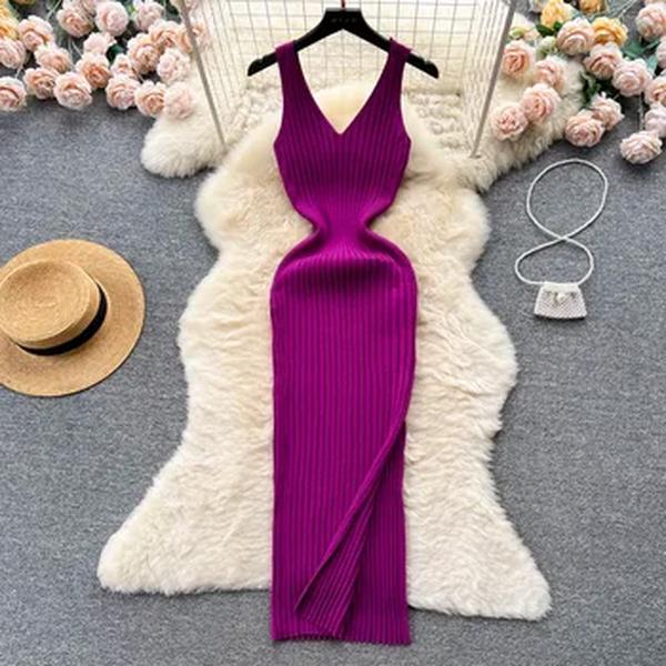 YuooMuoo-Slim vestido feminino de malha elástica Bodycon, moda chique, sexy Wrap Hips, Split, Long Streetwear, Outfits outono