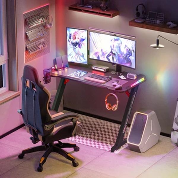 Z-Shaped Computer Gaming Desk w/ RGB Luzes LED Home Office Tabela X-Grande 140cm