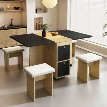 Conjunto de sala de jantar, mesa dobrável com 4 cadeiras, branco, carvalho, preto, 120x80x75cm, conjunto de 5 peças