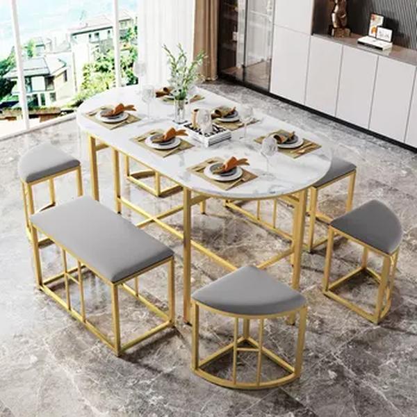 Steel Frame Kitchen Dining Table Set, Grupo de jantar Set, Branco moderno e ouro, 4 fogueiras pequenas e 2 grandes fogueiras, 140x70x76cm carga 120 kg