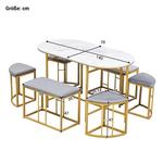 Steel Frame Kitchen Dining Table Set, Grupo de jantar Set, Branco moderno e ouro, 4 fogueiras pequenas e 2 grandes fogueiras, 140x70x76cm carga 120 kg