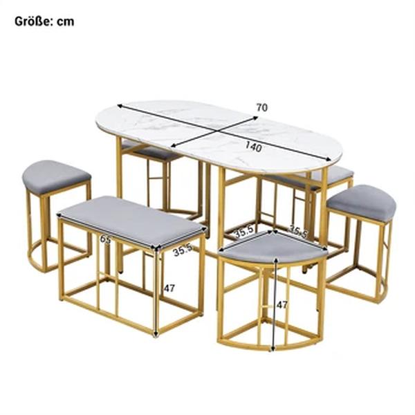 Steel Frame Kitchen Dining Table Set, Grupo de jantar Set, Branco moderno e ouro, 4 fogueiras pequenas e 2 grandes fogueiras, 140x70x76cm carga 120 kg