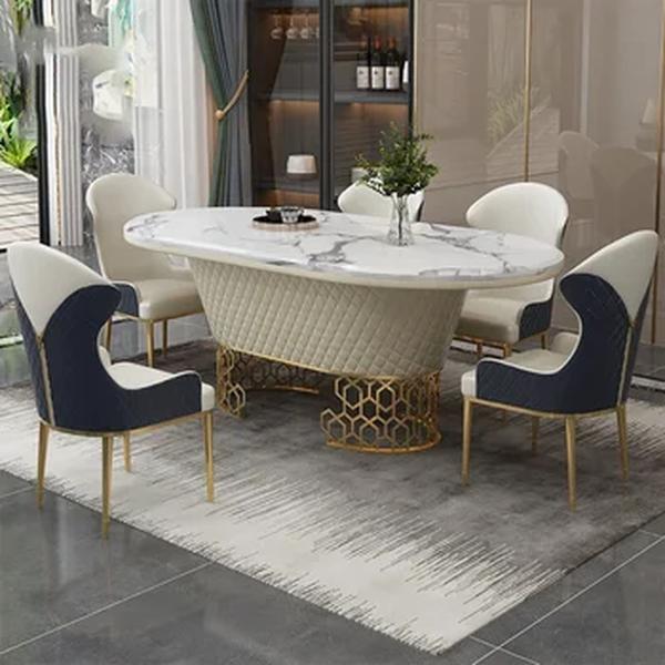 Mesa De Jantar De Luxo, 6 Cadeiras De Couro De Aço Inoxidável Mesa De Mármore Oval, Perfeito Para Cozinha E Decoração De Sala De Jantar