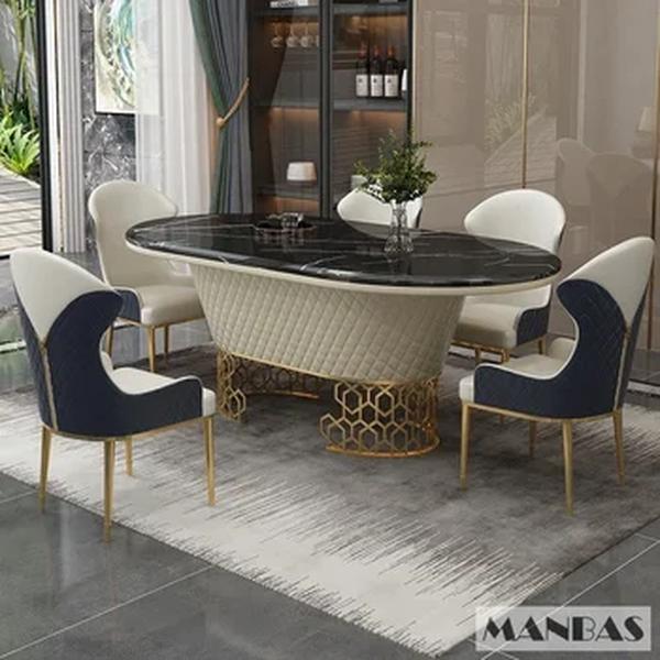 Mesa De Jantar De Luxo, 6 Cadeiras De Couro De Aço Inoxidável Mesa De Mármore Oval, Perfeito Para Cozinha E Decoração De Sala De Jantar