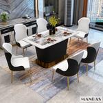 MANBAS-Mesa De Mármore Com 6 Cadeiras De Couro, Eleve Sua Sala De Jantar, Design De Aço Inoxidável, Móveis De Cozinha