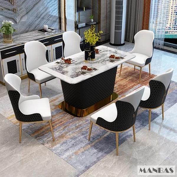 MANBAS-Mesa De Mármore Com 6 Cadeiras De Couro, Eleve Sua Sala De Jantar, Design De Aço Inoxidável, Móveis De Cozinha