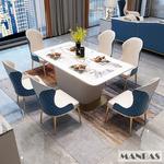 MANBAS-Mesa De Mármore Com 6 Cadeiras De Couro, Eleve Sua Sala De Jantar, Design De Aço Inoxidável, Móveis De Cozinha