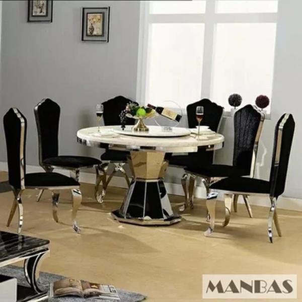 MANBAS-Conjunto de Sala de Jantar em Aço Inoxidável, Mobiliário Doméstico, Moderno, Rodada, Mármore, Mesa de Jantar, 4 Cadeiras para Cozinha