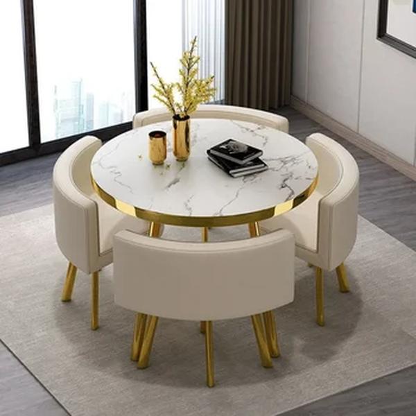 Mesa de jantar redonda de mármore, 4 cadeiras, centro moderno, mesa de madeira, branco luxuoso, mobília do apartamento, 80cm