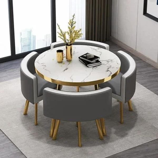 Mesa de jantar redonda de mármore, 4 cadeiras, centro moderno, mesa de madeira, branco luxuoso, mobília do apartamento, 80cm