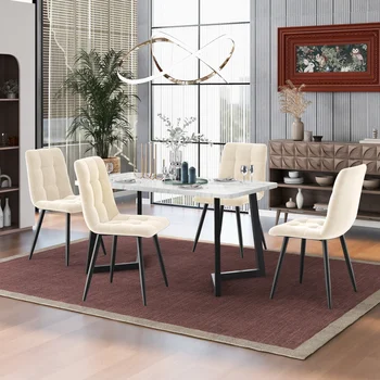 Moderno Conjunto De Sala De Jantar, Mesa De Jantar, 4 Cadeiras De Veludo Bege, Pernas De Mesa Pretas, 117cm