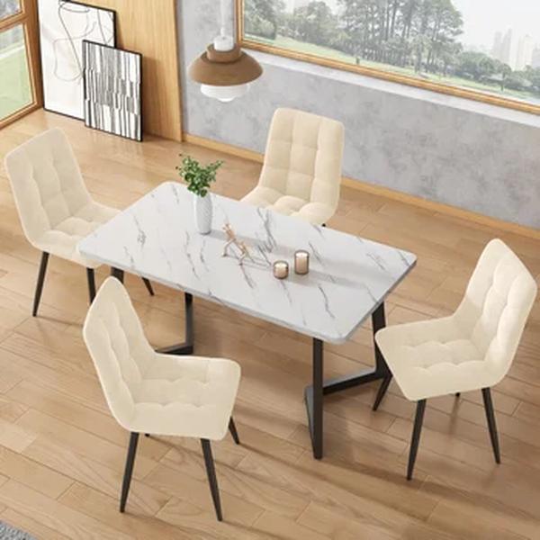 Moderno Conjunto De Sala De Jantar, Mesa De Jantar, 4 Cadeiras De Veludo Bege, Pernas De Mesa Pretas, 117cm