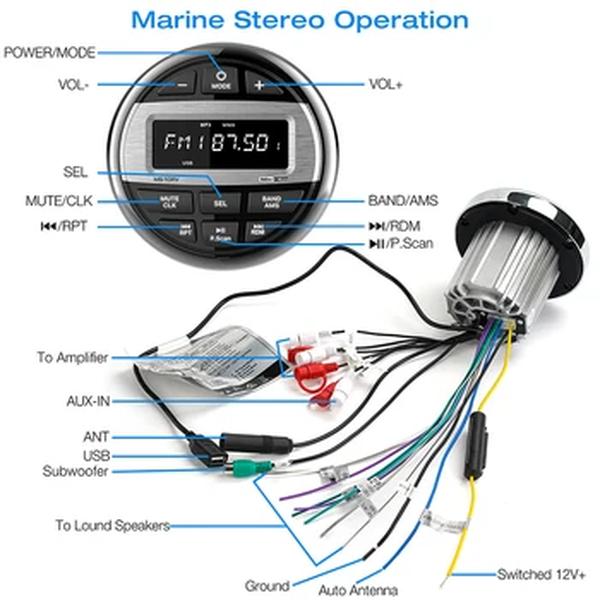 GRANDnavi-Marine Stereo Boat Radio, Impermeável, Bluetooth, FM, AM, Mídia digital, Leitor de áudio para bitola de iate, ATV, UTV, Carrinho, Motocicleta
