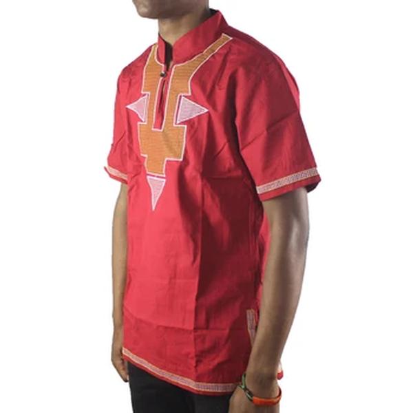 Tradicional dashiki vermelho t-shirt, roupa tradicional, impressão africano, gola alta, manga curta, streetwear, estilo étnico, verão, 2024